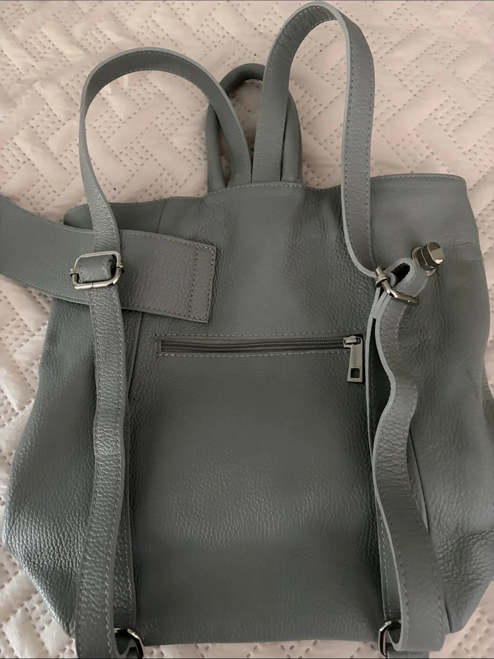 Pebbled Leather Fold-Over Backpack in Slate Blue-Gray
